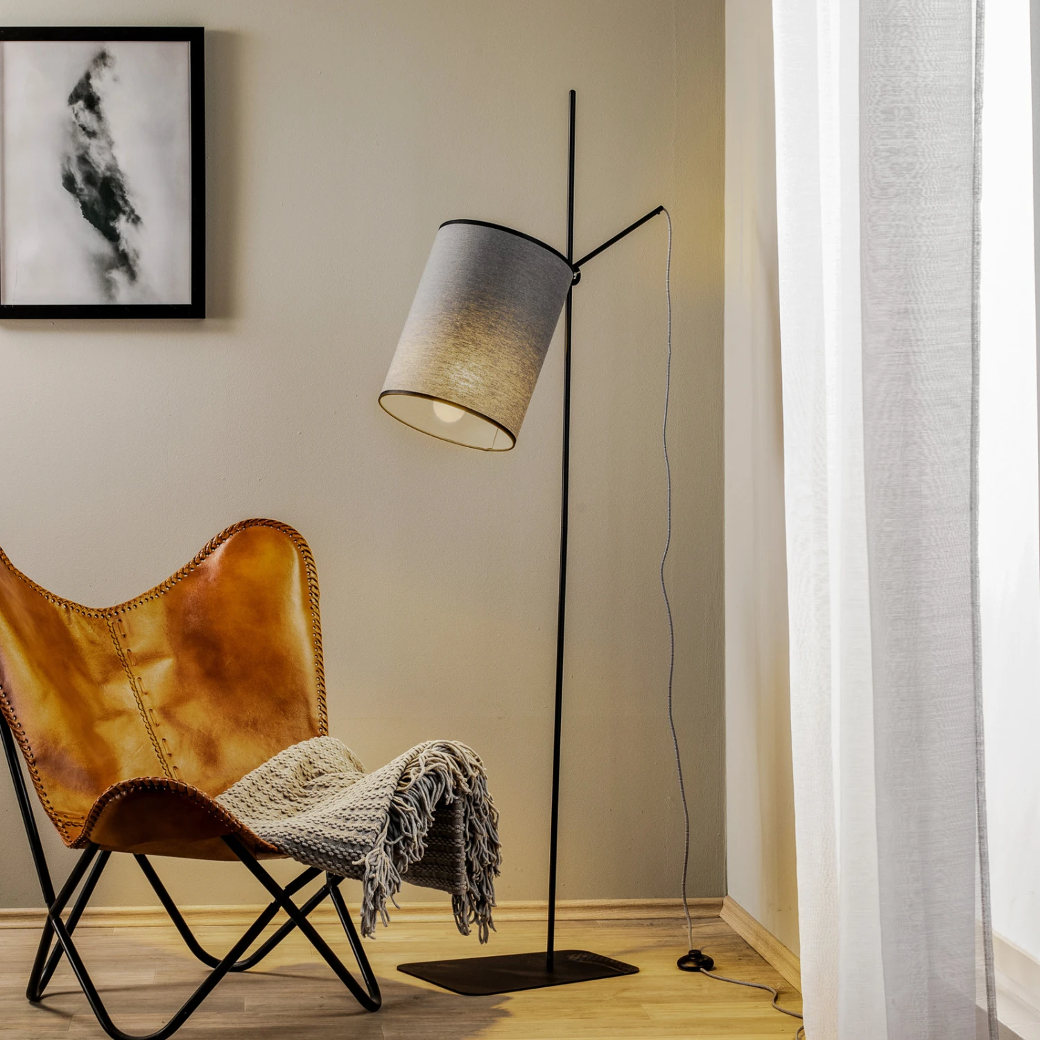 Lampadaire Zelda Avec Abat-jour Rond En Tissu Gris 3 Lampadaire Zelda Avec Abat-jour Rond En Tissu Gris