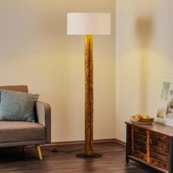 Lampadaire Pino Simple, Abat-jour Blanc, Pied Brun